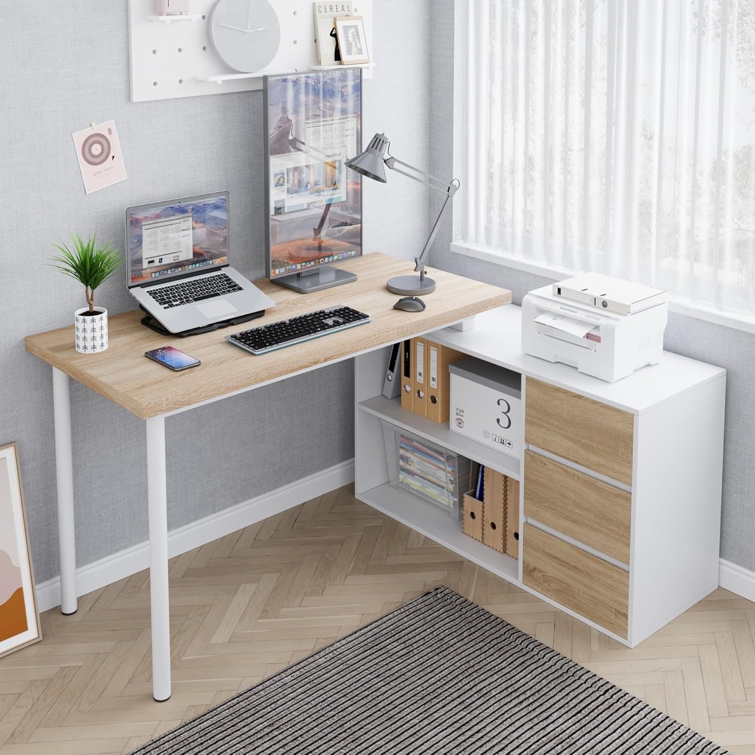 L-Shaped Corner Computer Desk with 3 Drawers and 2 Shelves, 53-inch Study Desk with Storage, White + Walnut