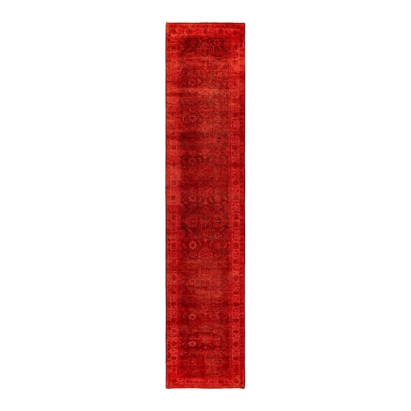 Overton Hand Knotted Wool Vintage Inspired Modern Contemporary Overdyed Red Runner Rug - 3' 1" x 15' 7"
