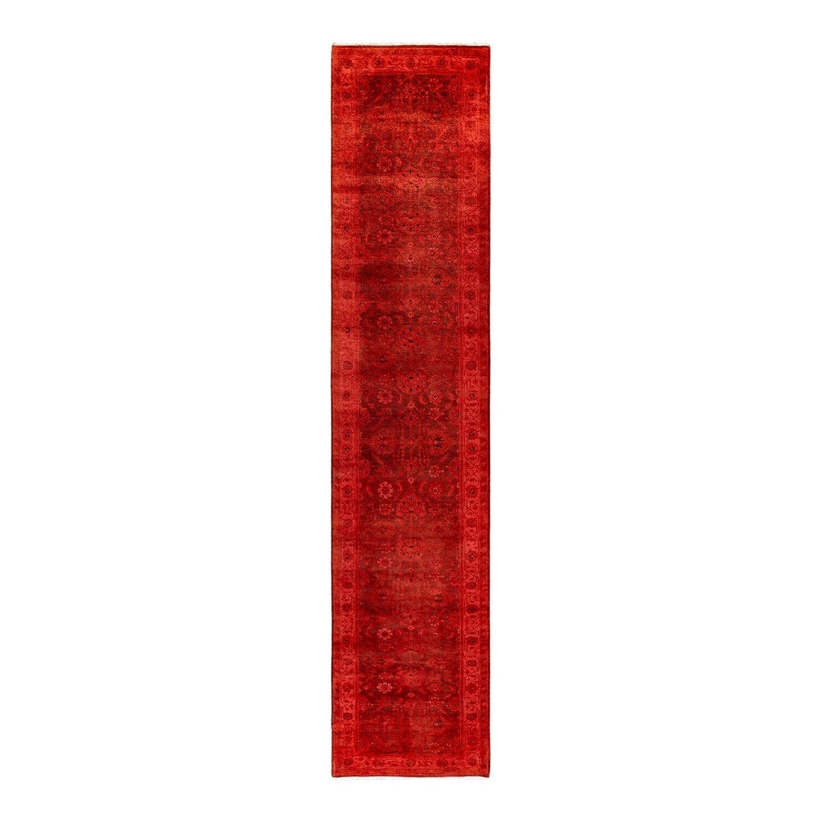 Overton Hand Knotted Wool Vintage Inspired Modern Contemporary Overdyed Red Runner Rug - 3' 1" x 15' 7"