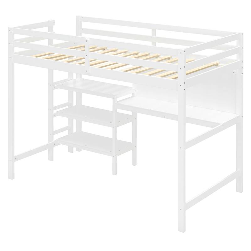 Twin Size Wooden Loft Bed with Built-In Desk, 3-Tier Shelves, Writing Board and Safety Guardrails, Space-Saving Design