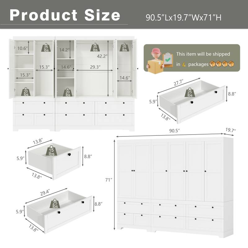 Gyomojoy Large White Wardrobe Closet with Drawers & Doors, Modular Armoire with Hanging Rods, Apartment & Dorm Storage