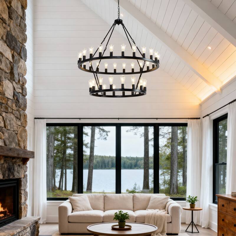 47.24 Inch Matte Black Wagon Wheel Chandelier With 36-Lights (24+12) (No Bulbs)