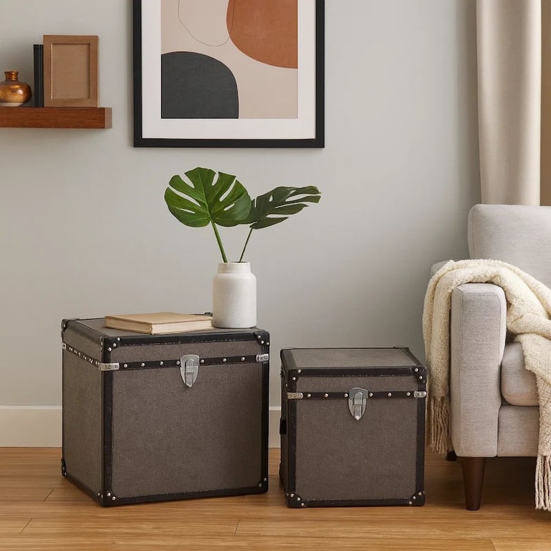 Fabric Upholstered Square Trunk with Nailhead Details, Gray, Set of 2