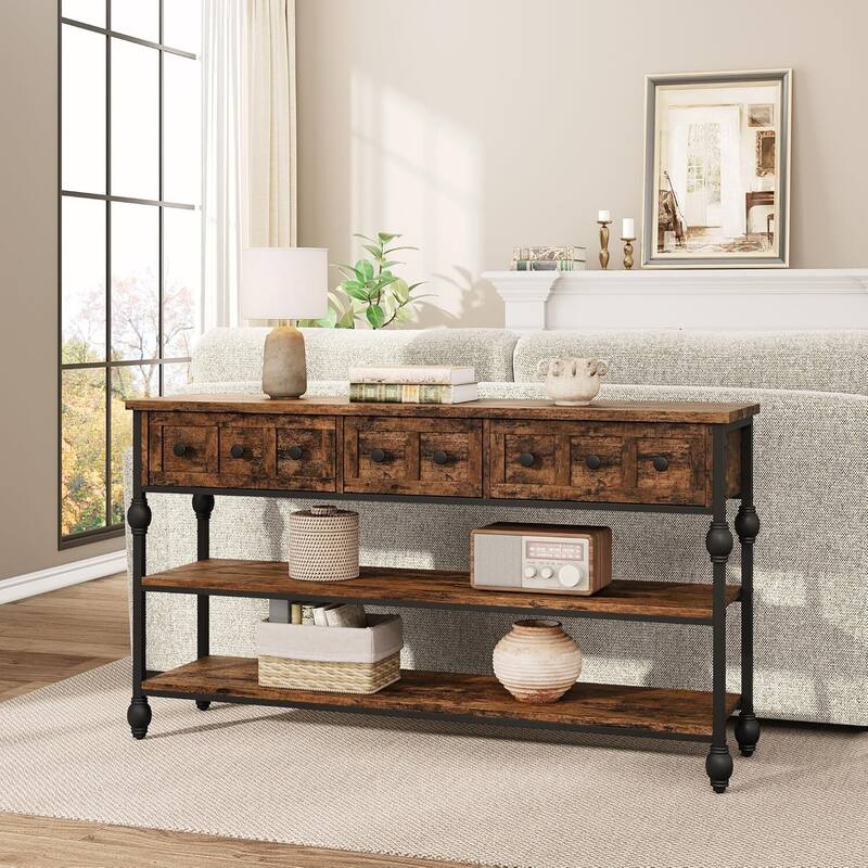 53" 3-Tier Console Sofa Table, Entryway Table with 3 Drawers - Brown