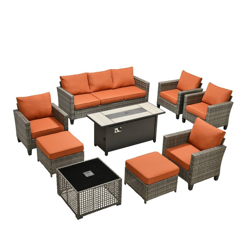 OVIOS 9 Pieces Patio Furniture Set with Solar-Powered Table & 54" Fire Table