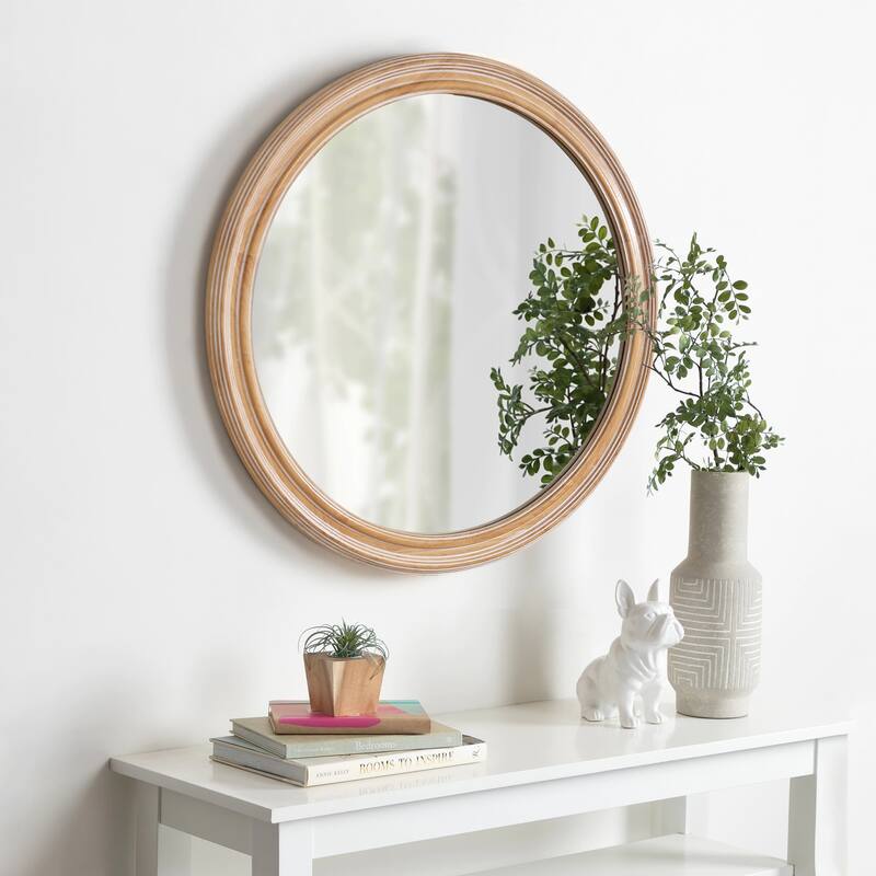Round Wood Ribbed Detail Wall Mirror - Coastal & Farmhouse Decor for Bathroom, Entryway - Natural Wood