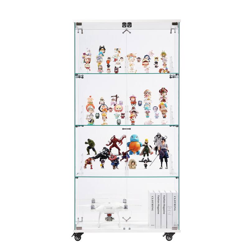 4 Tier Glass Display Cabinet, Double Door Glass Cabinet with Two Locks, Floor Standing Storage Cabinet with 6 Acrylic Shelves