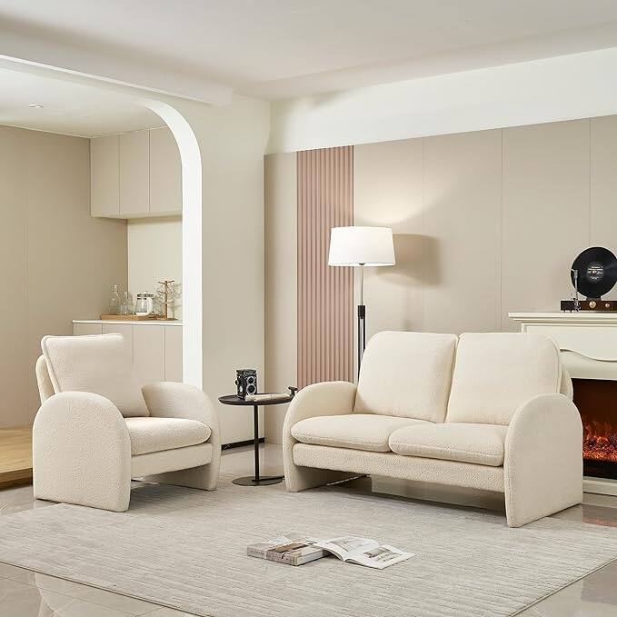 59" Lambswool Fabric Upholstered Loveseat Sofa with High Back & Toss Pillows 2 Seater Leisure Couch ,Tool-Free Assembly