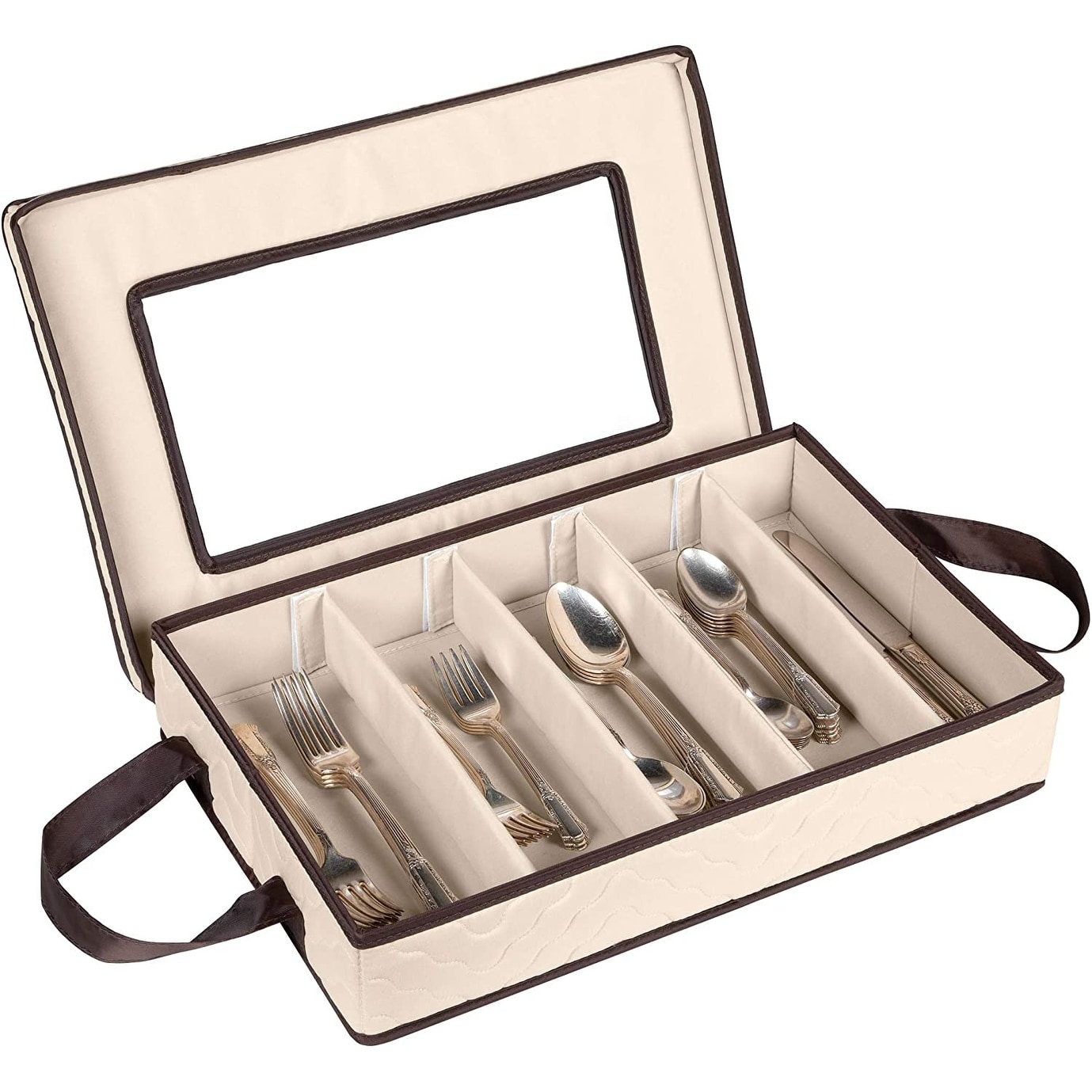 Flatware Storage Case - Tableware Utensil Chest - Durable 5 Compartment Silverware Container with Removable Lid and Easy to Carry Handles - Large