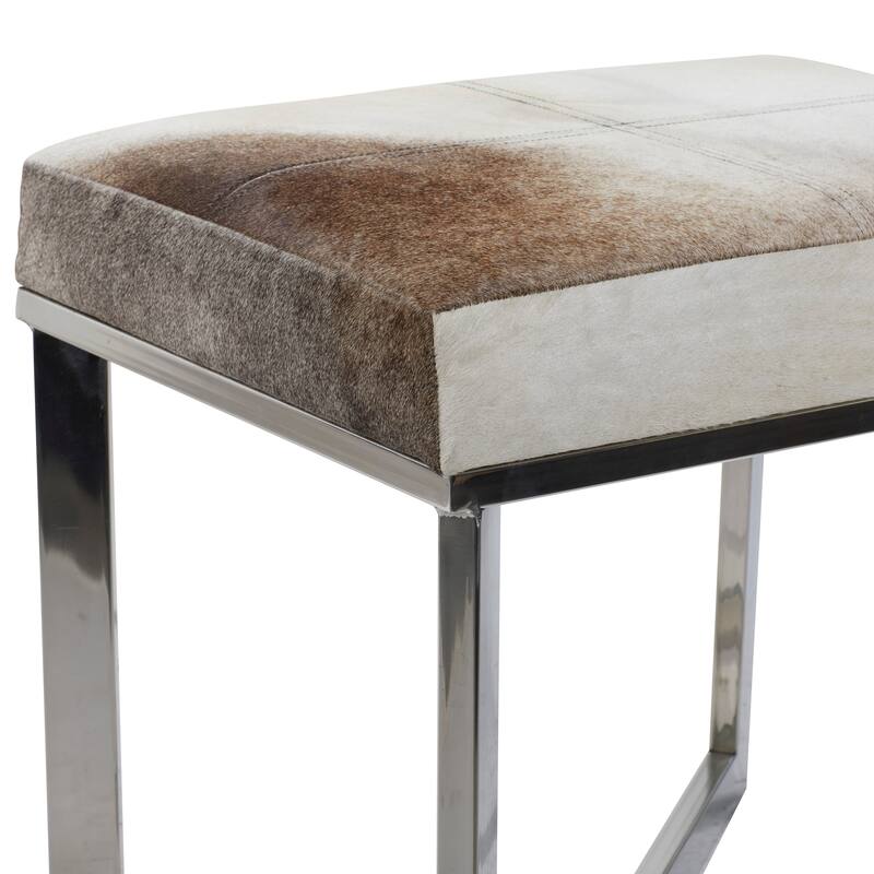 Leather Cowhide Stool with Silver Stainless Steel Base - Gray - Roche River Decor