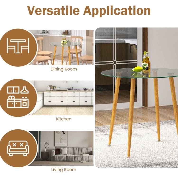 Round Glass Dining Table Leisure Coffee Table with Metal Legs-Natural - 35.5" x 35.5" x 30" (L x W x H)
