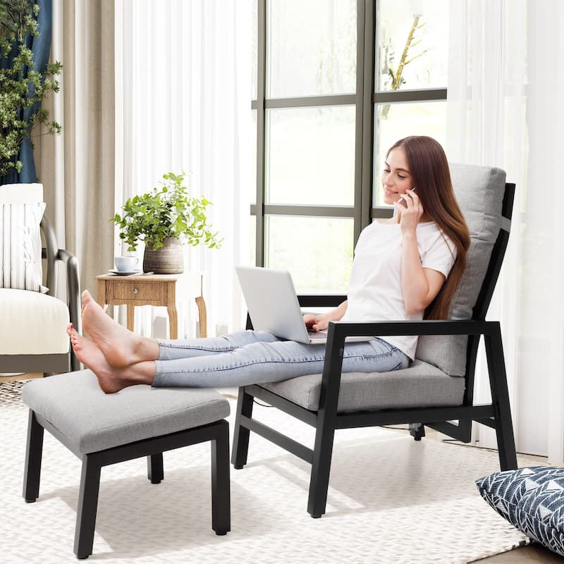 Aluminum Adjustable Back Patio Lounge Chairs and Ottoman with Cushion for Outdoor Indoor - See Picture