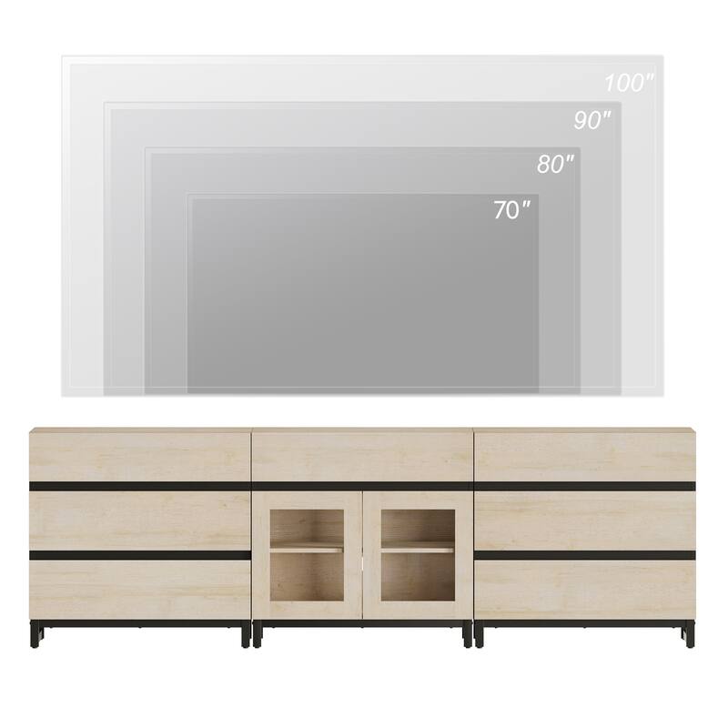 Modern TV Stand for Tvs Up to 100 Inch, 3 In 1 TV Console with Glass Doors and 7 Drawers for Living Room
