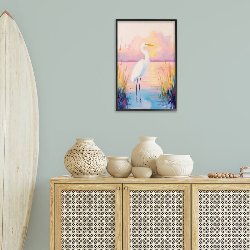 Stupell Egret under Beaming Sunset Framed Giclee Art Design By Arlington Prints