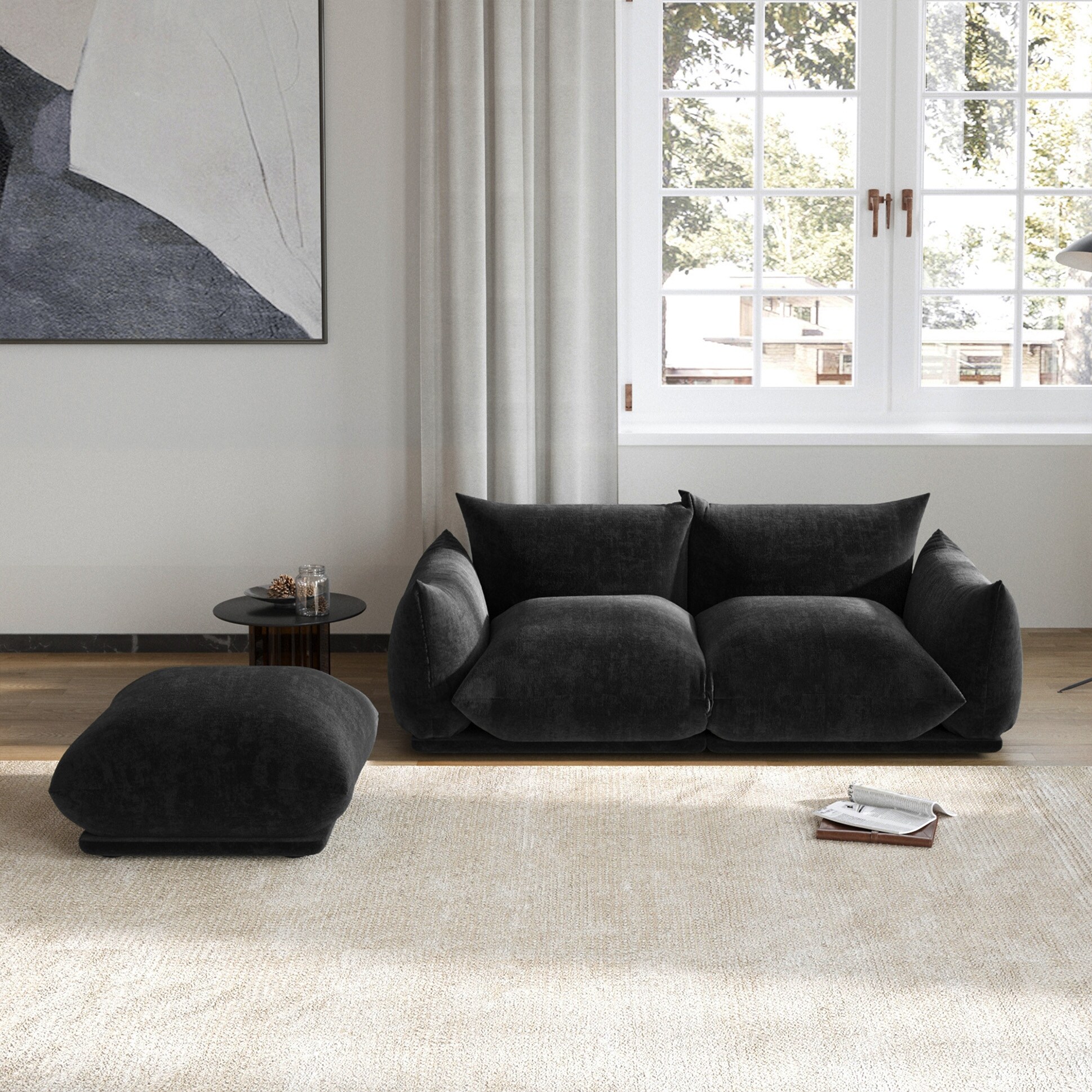 L-Shaped Sectional Sofa, Minimalist Chenille Modular Sofas Couches With Ottoman