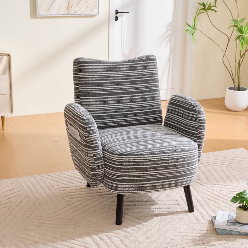 Boucle Upholstered Lounge Armchair, Reading Chair with Side Storage Pocket, Single Sofa Chair with Solid Wood Legs