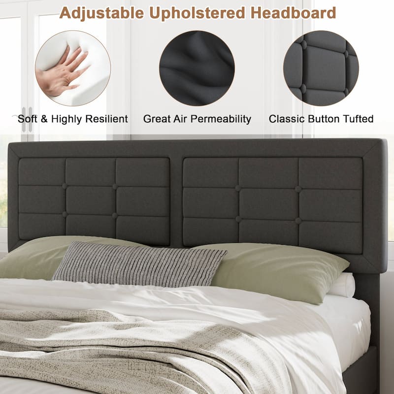 Javlergo Modern Upholstered Platform Bed Frame with Height Adjustable Tufted Headboard