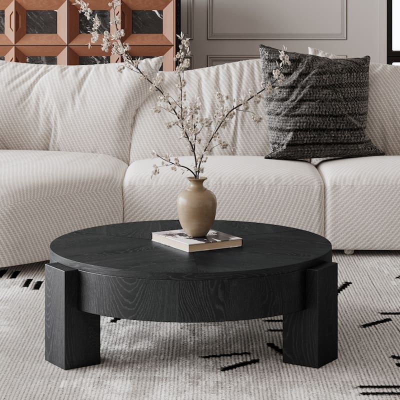 33" Round Coffee Table with Hidden Storage, Parquet Veneer Top Table, 3 Block Legs Sturdy Center Accent Table for Living Room