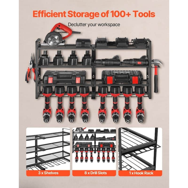 4-Tier Wall-Mounted Tool Organizer Rack with 8 Slots and Hooks for Garage Workshop Storage - 36.56 x 7.87 x 16.54 in