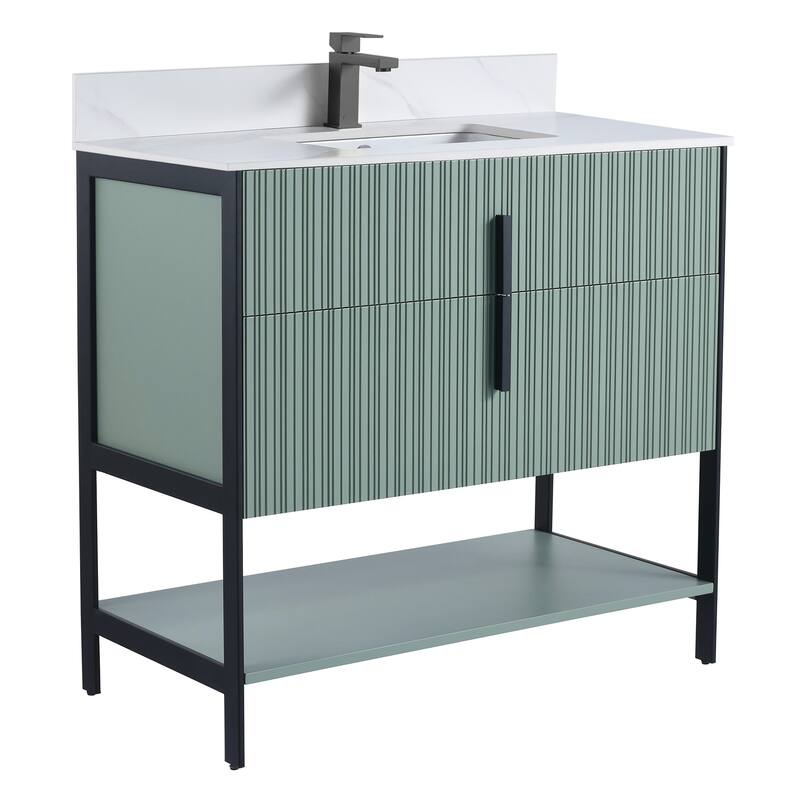 Fine Fixtures Serenity Modern Bathroom Vanity with White Carrara Stone Top - Mint Green - Black Hardware - 36 inch