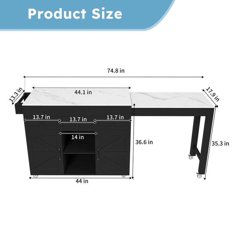 Rossetta 74.8" Removable Extendable Kitchen Cart with Mobile Universal Wheels and Power Outlet