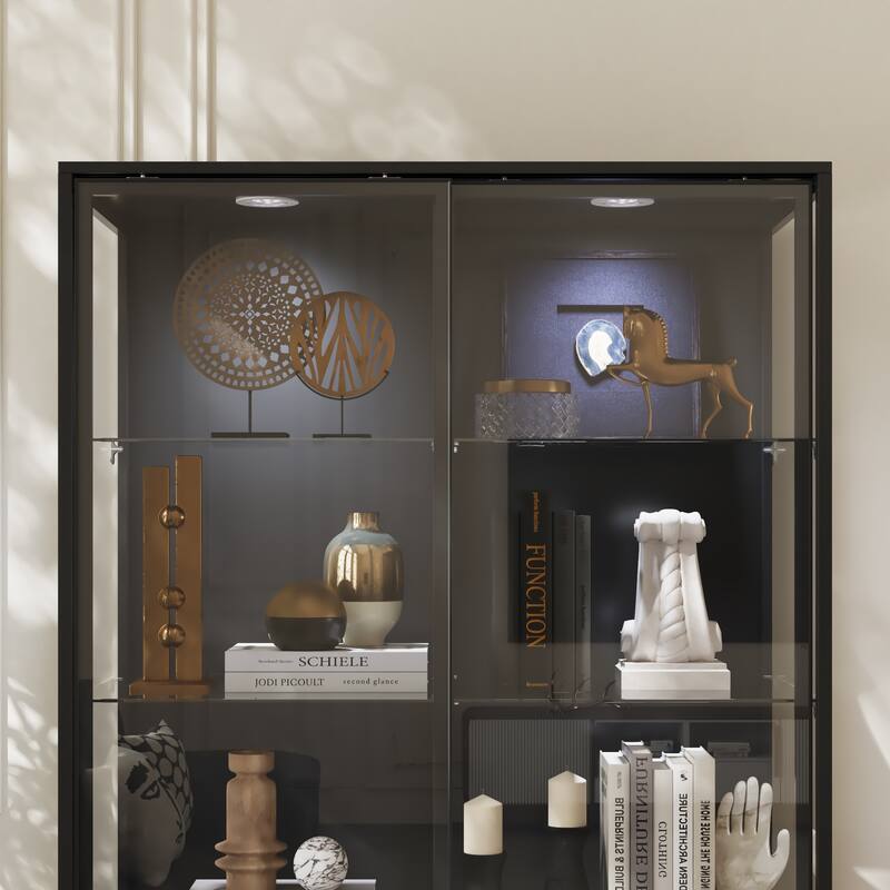 Bookshelves Glass Display Cabinet with LED Spotlight, 72.8" Tall Curio Cabinet with Tempered Glass Shelves