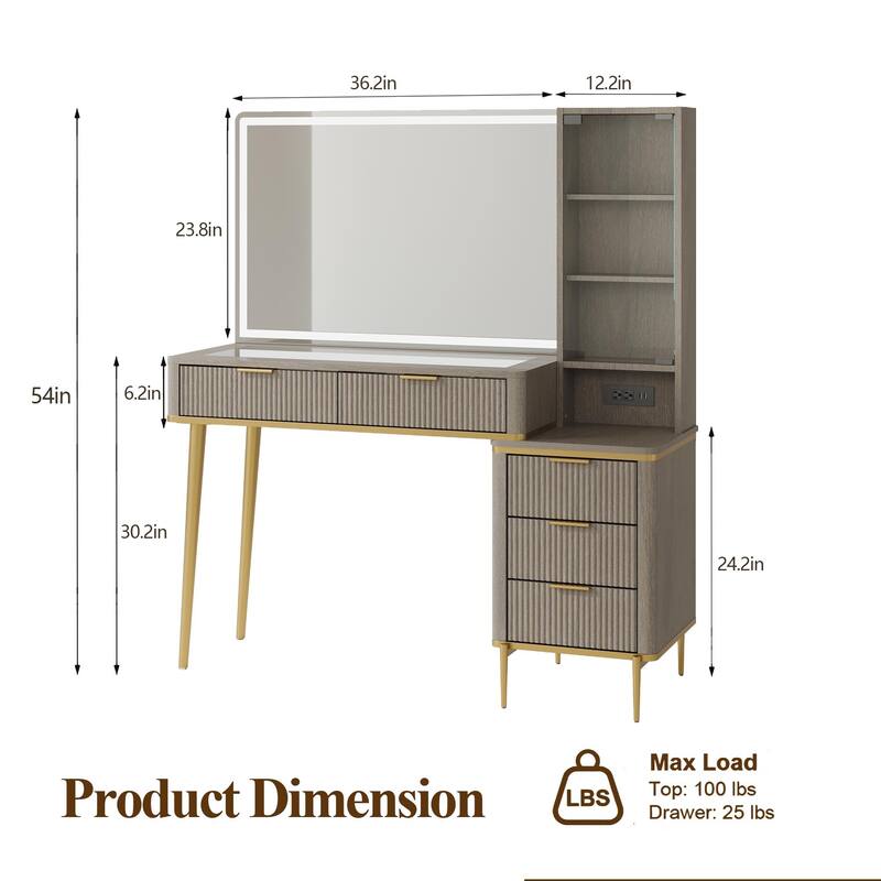 Modern Fluted Makeup Vanity Desk with Lighted Mirror, Dressing Table