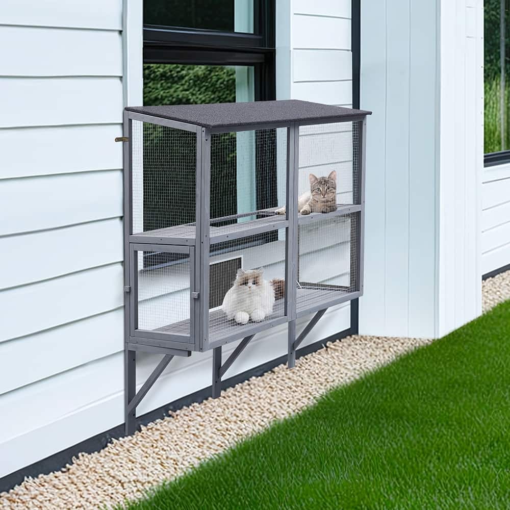 Wooden Cat Window Box Catio with Weather-Resistant Roof, Outdoor Window-Mounted Cat Enclosure for Indoor Cats