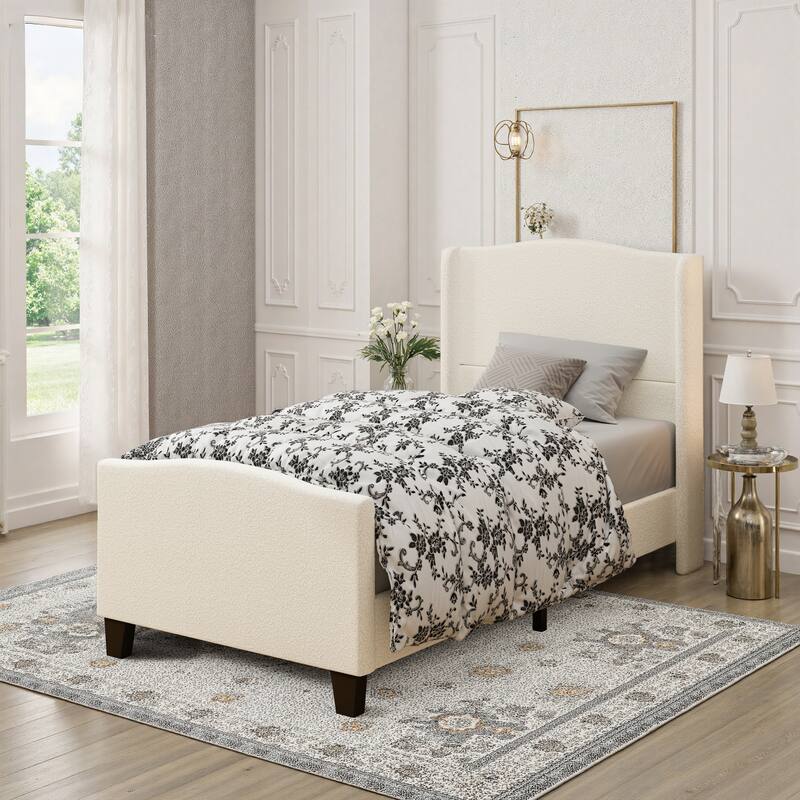 GDFStudio - Jane 49.21" High Back Upholstered Headboard Bed Frame with High Footboard - Ivory White - Twin