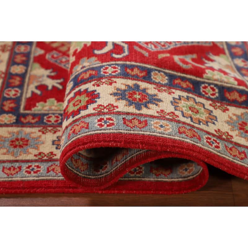 Red Geometric Kazak Foyer Rug Handmade Wool Carpet - 3'4"x 5'0"