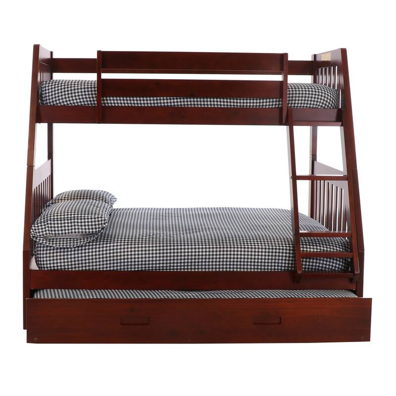 Twin Over Full Bunk Bed with Trundle - Solid Pine Wood, Merlot Finish, Space Saving Design