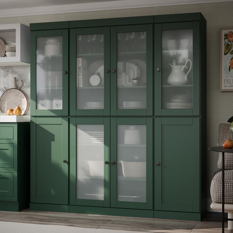 Palace Imports 100% Solid Wood 65" Pantry Cabinet with Frosted Glass, Shaker Doors and Adjustable Shelves - Green