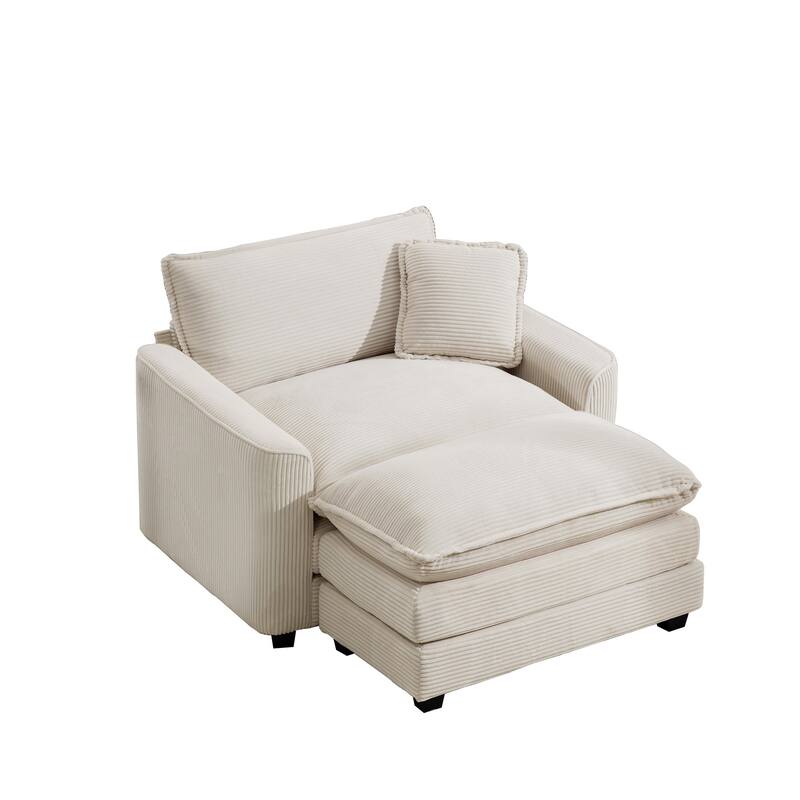 Corduroy Fabric Deep Seat Sofa with Ottoman, Single Deep Seat Accent Sofa Chair with Pillow for Livingroom