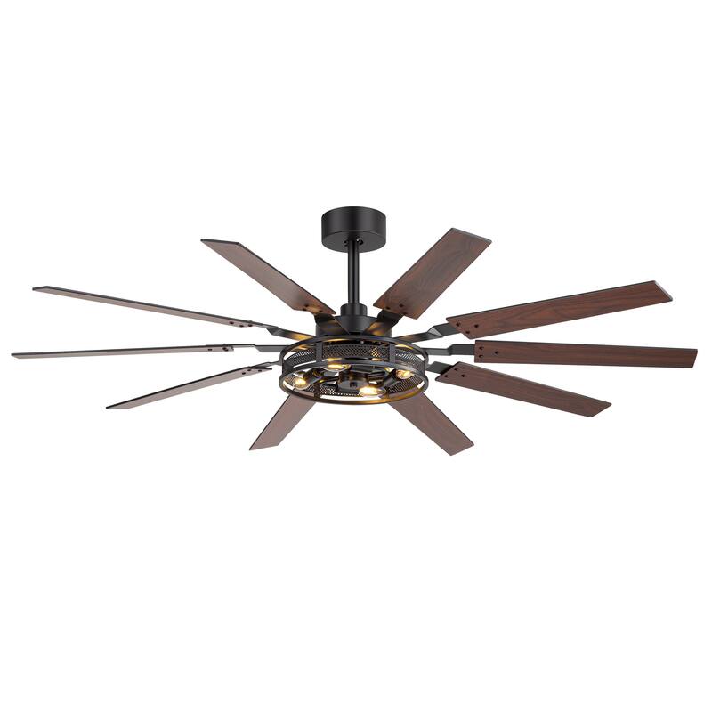 60" Reversible 10-Blade Open-Caged Metal Ceiling Fan with Light and Remote