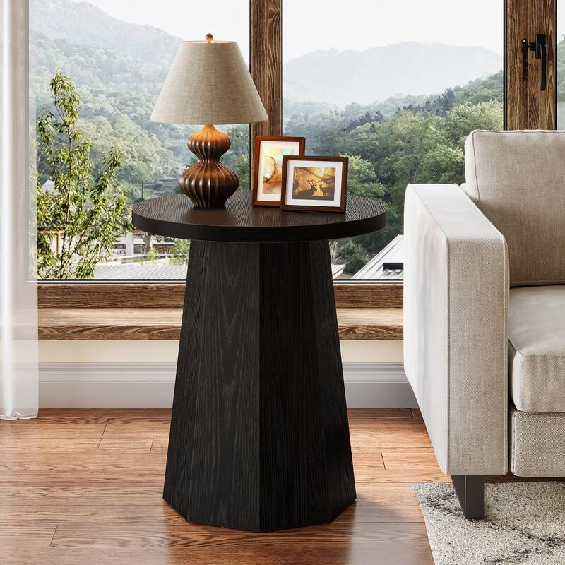 Farmhouse Wood Round End Side Couch Table with Octagonal Base
