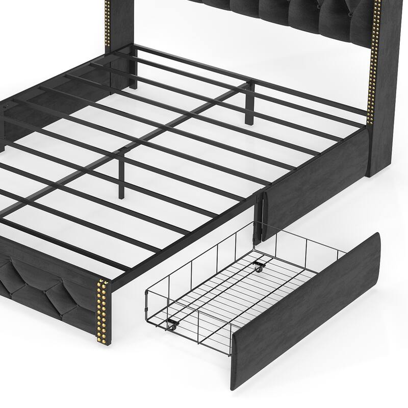 Queen Size Platform Bed Frame with Velvet Headboard, Storage Drawers, and Charging Station