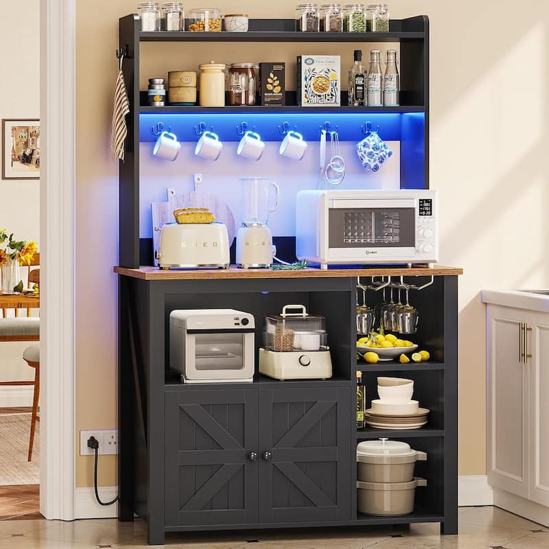 Baker's Rack Coffee Bar Cabinet Microwave Stand Kitchen Cabinet - Black