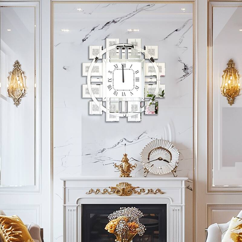 Gold/Silver Irregular Luxury Mirrored Wall Clock w/Crushed Diamond Inlay - 23.62x23.62 inch