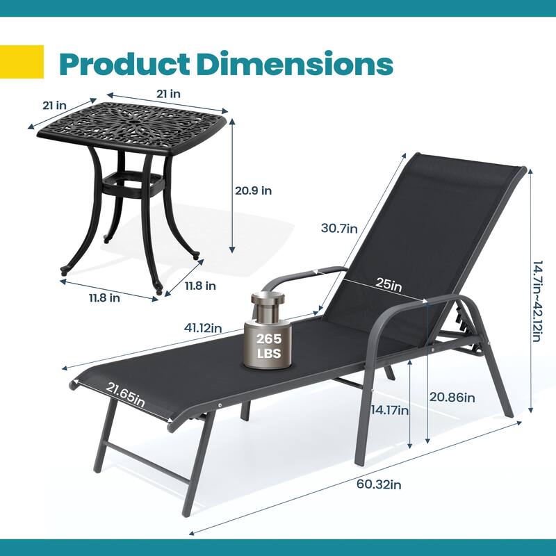 Pellebant Outdoor Patio Lounge Chairs Set Aluminum Adjustable Backrest with Side Table