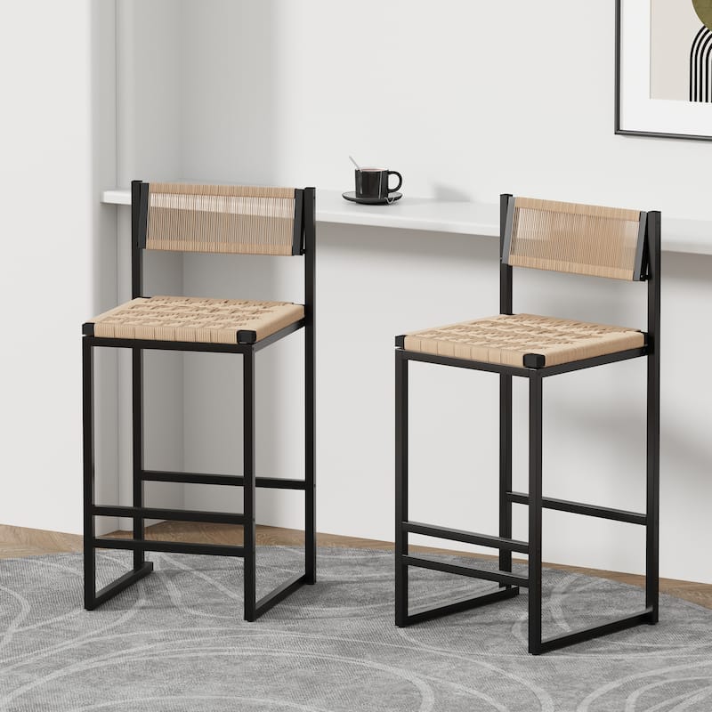 2-Piece Hand Weave Bar Stools Set, Counter Height Paper Rope Weave Dining Chairs with Footrest for Kichen Island, Bar & Counter - Honey