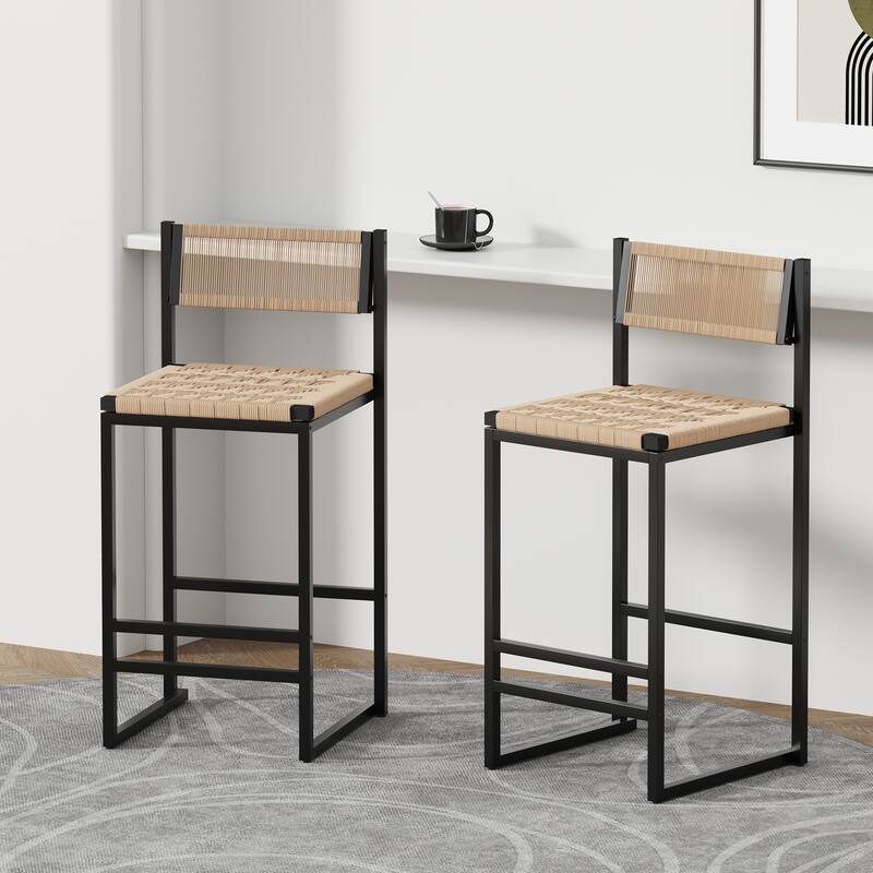 Set of 2 Paper Rope Bar Stools with Footrest, Counter Height Dining Chairs for Kitchen - Black & Honey