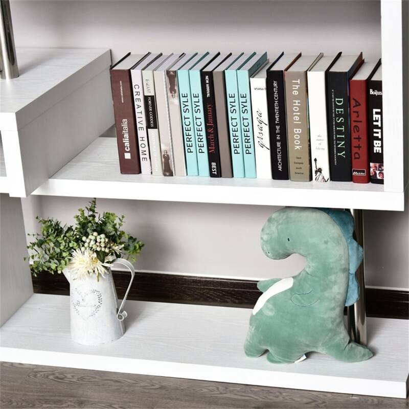 L-Shaped White Desk with Rotating Shelves and Multi-Tier Storage for Home and Office Use