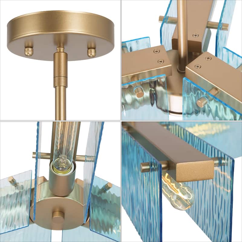 Modern 3-light Blue Water Ripple Glass Chandelier with Gold Frame - L23.6"xW10"xH10"