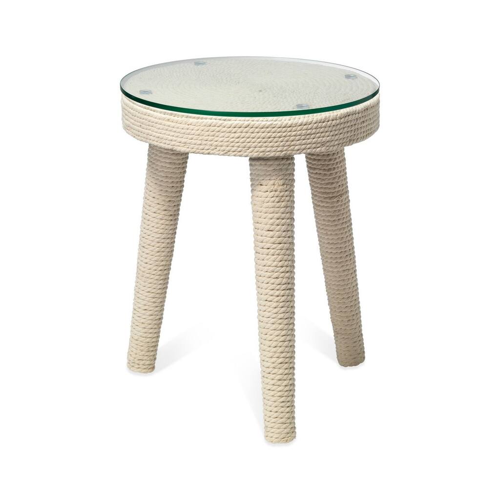 20 Inch Modern Side End Table, Woven Rope, Wood Splayed Legs, White Finish