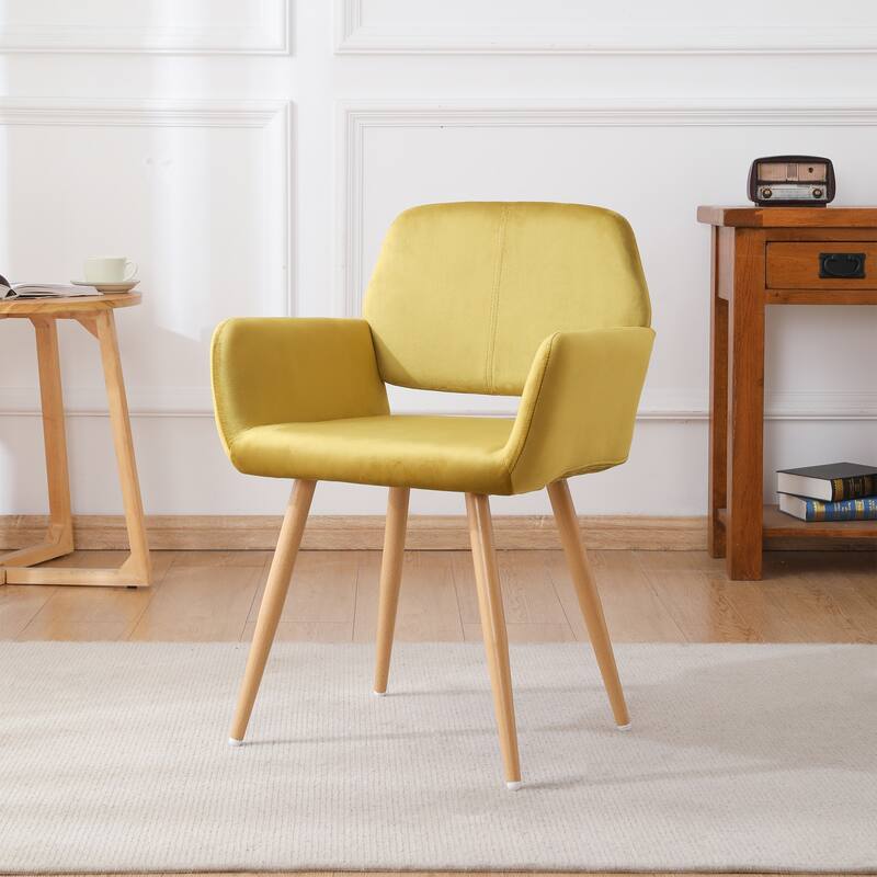 Upholstered Dining Chair with Metal Leg Velet Accent Chair (Yellow velet+Beech Wooden Printing Leg),KD backrest