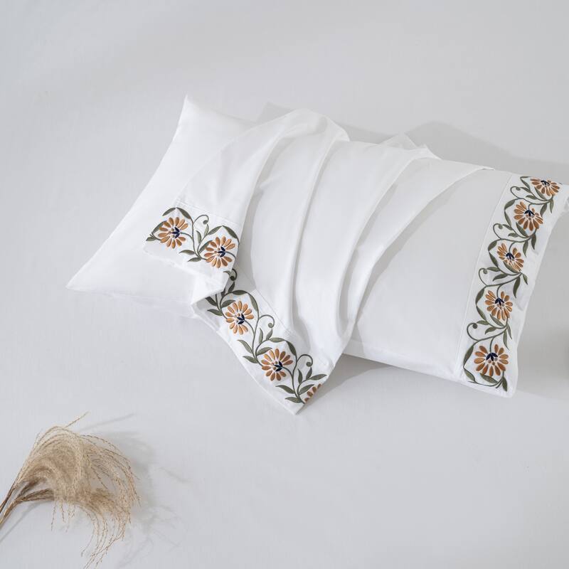 Hotel Style 200TC Cotton Percale Pillowcases, Floral Embroidery, 2Pack, 4 Patterns, 20x30"