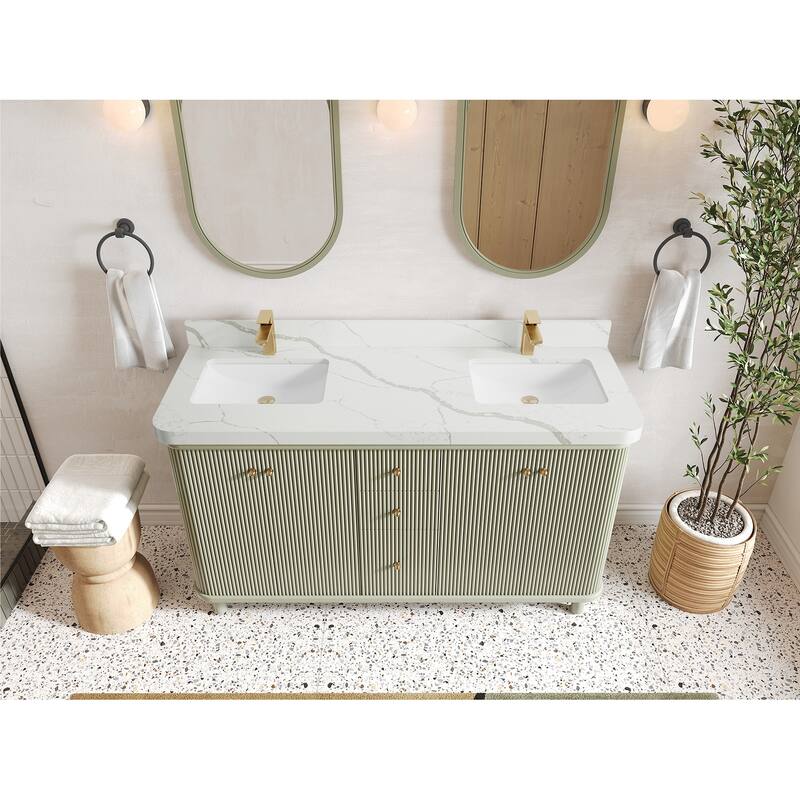 Willow Collections 60 in. W x 22 in. D Reeded Miami Double Bowl Sink Bathroom Vanity with Countertop - 2”Calacatta Laza - Evergreen