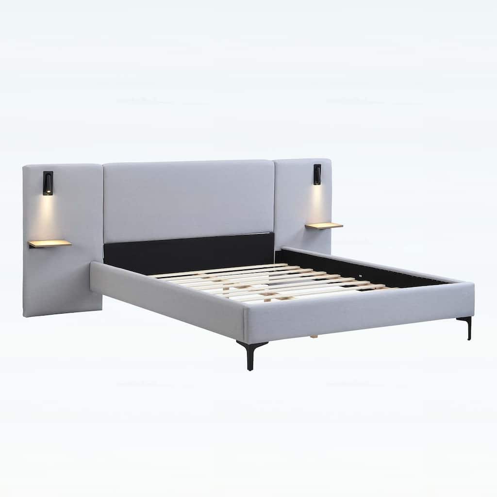 Modern Upholstered Bed with Integrated Lights and Shelves
