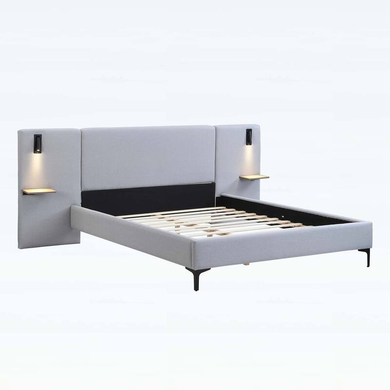 Stylish Design Linen Upholstered Bed with Integrated Lights and Shelves,for Modern and Rustic Interiors