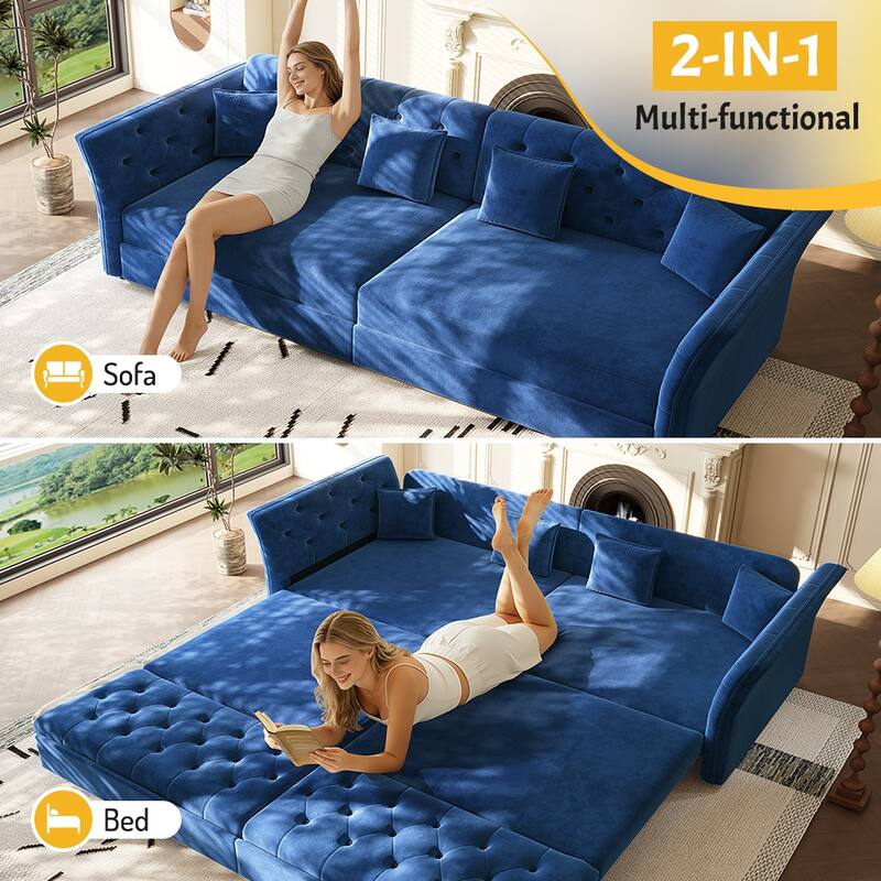100" Oversize Pull Out Sofa Bed with Tufted Velvet Fabric - Convertible Sleeper Sofa for Living Room, Bedroom